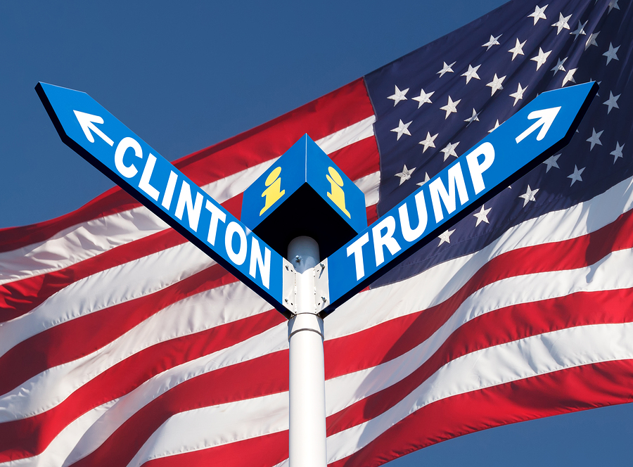 WASHINGTON DC US - Sep. 29 2016: Presidential elections in the US. Names of Clinton and Trump written in a directional road signs against american flag