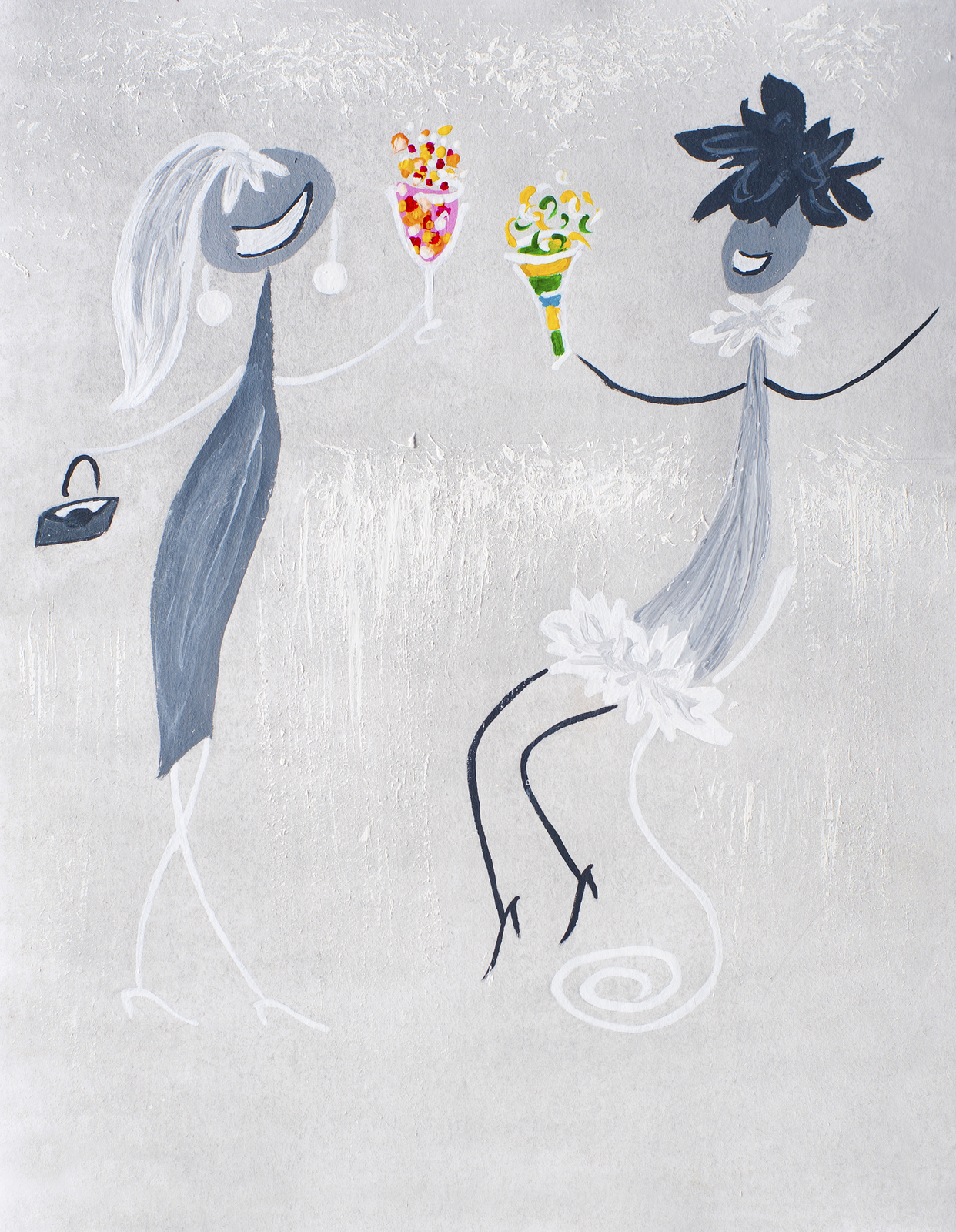 Two smiling girls drinking colorful cocktails. Watercolor painted picture on paper