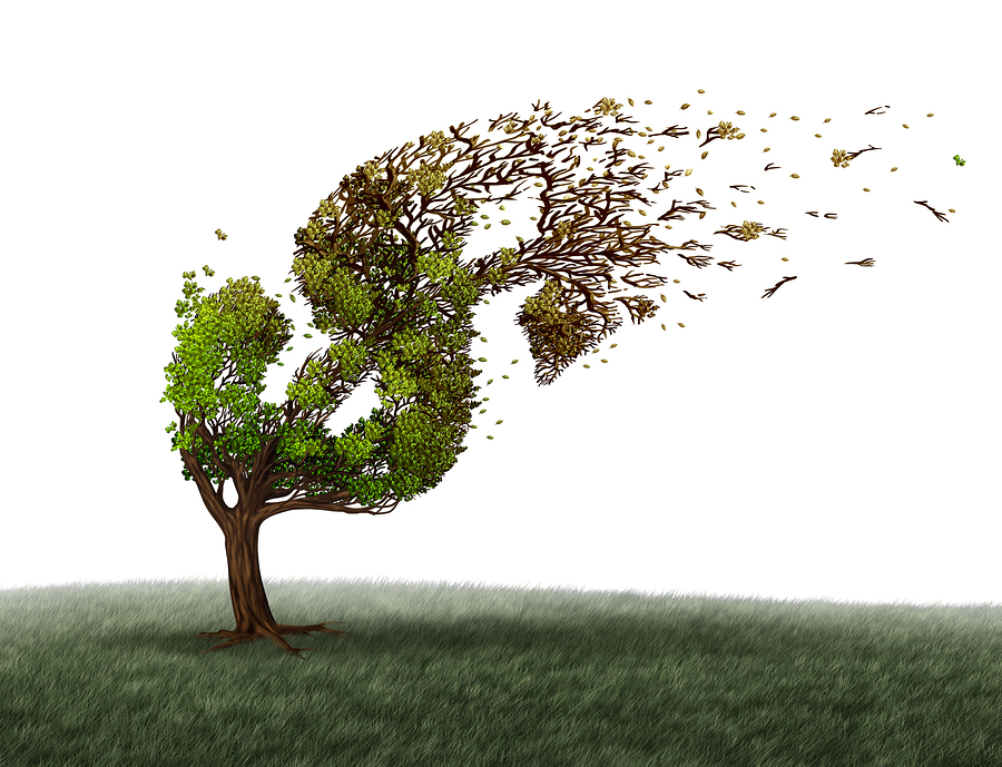 Economic turbulence and financial trouble and money adversity or economy crisis concept as a tree being blown by the wind and damaged or destroyed by the force of a storm as a business crisis metaphor with 3D illustration elements.