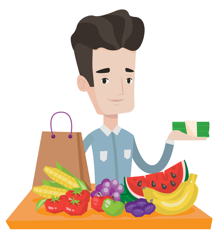 Caucasian shopper standing at the table with grocery purchases. Shopper holding money in hand in front of table with grocery purchases. Vector flat design illustration isolated on white background.