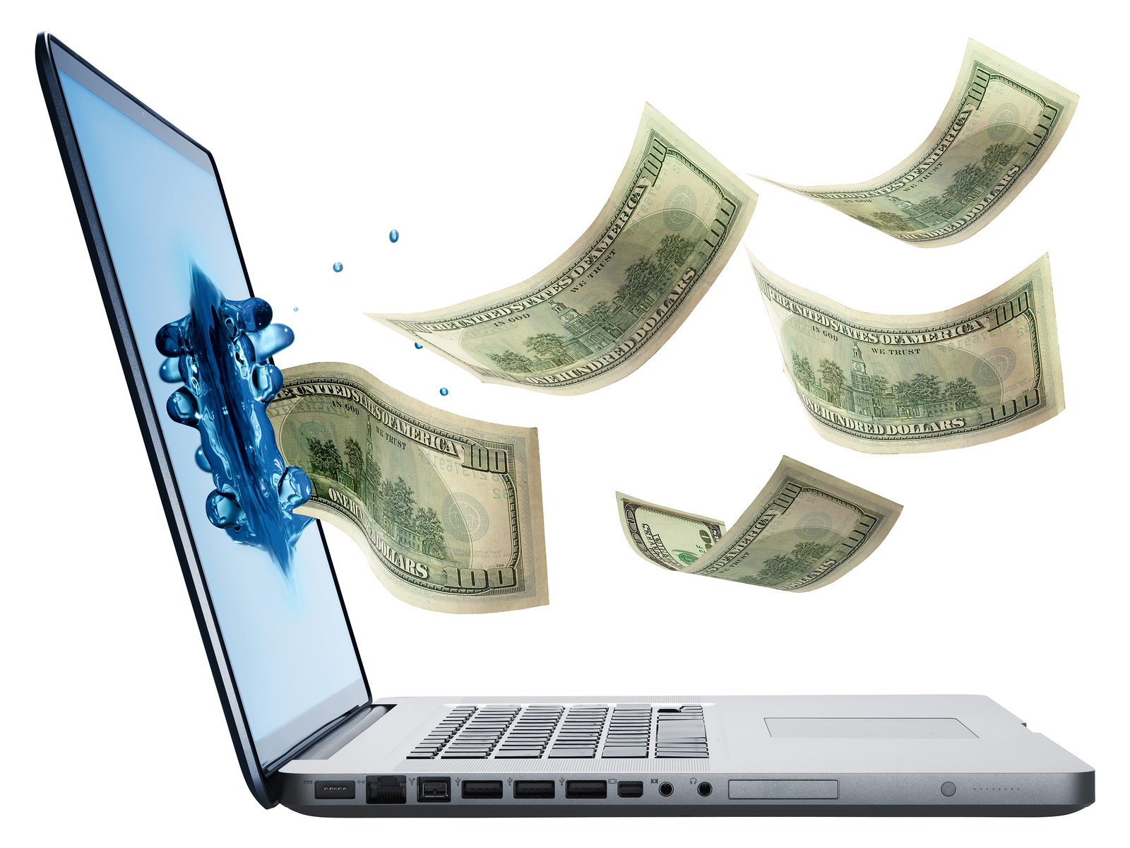 money jumping from Laptop isolated on white background